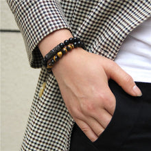 Carregar imagem no visualizador da galeria, 2 unidades de pulseiras de olho de tigre para homens pulseira de contas de pedra ônix preta natural para casais joias vintage elástico charme pulseira