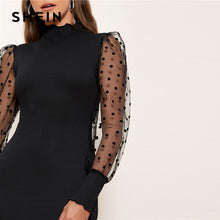 Carregar imagem no visualizador da galeria, SHEIN Polka Dot Sheer Mesh Manga Bodycon Vestido Feminino Spring Stand Collar Slim Fit Sólido Elegante Mini Vestidos Lápis