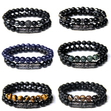 Carregar imagem no visualizador da galeria, 2 unidades de pulseiras de olho de tigre para homens pulseira de contas de pedra ônix preta natural para casais joias vintage elástico charme pulseira