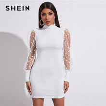 Carregar imagem no visualizador da galeria, SHEIN Polka Dot Sheer Mesh Manga Bodycon Vestido Feminino Spring Stand Collar Slim Fit Sólido Elegante Mini Vestidos Lápis