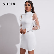 Carregar imagem no visualizador da galeria, SHEIN Polka Dot Sheer Mesh Manga Bodycon Vestido Feminino Spring Stand Collar Slim Fit Sólido Elegante Mini Vestidos Lápis