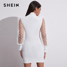 Carregar imagem no visualizador da galeria, SHEIN Polka Dot Sheer Mesh Manga Bodycon Vestido Feminino Spring Stand Collar Slim Fit Sólido Elegante Mini Vestidos Lápis